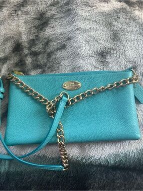 Coach Teal Leather Crossbody with Gold Chain Accent